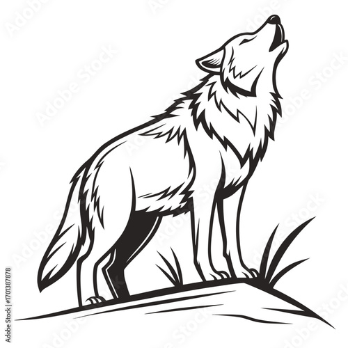 Howling Wolf Illustration on a Mound of Grass