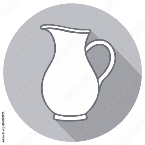 White pitcher icon with handle on grey circle background, long shadow