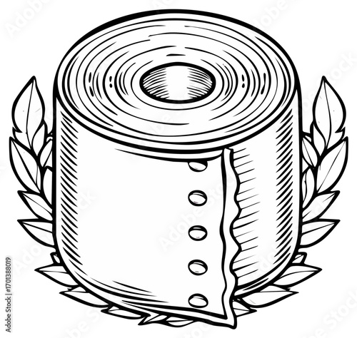Vintage style engraving of a toilet paper roll surrounded by laurel leaves, symbolizing essential hygiene