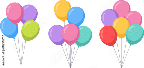 Vector art of bunches of colorful balloons floating against a