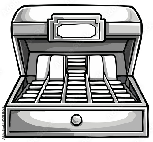 Open antique wooden jewelry box with compartments and drawer