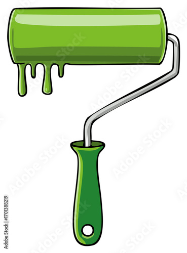 Vibrant green paint roller tool with dripping liquid paint artwork
