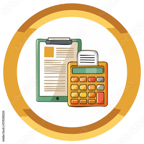 Cartoon illustration of a financial calculator and a clipboard with document for business accounting and budget planning