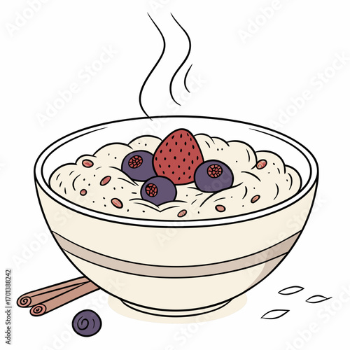 Warm and healthy breakfast oatmeal bowl with fresh berries