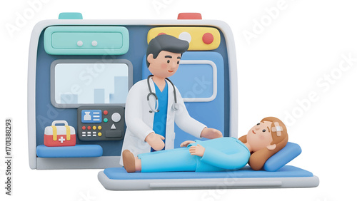 Doctor examining patient on medical bed in hospital room with equipment, offering care and support in a clinical setting, showing compassion and professionalism.