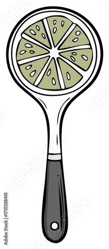Stylized illustration of a half citrus fruit on a spatula