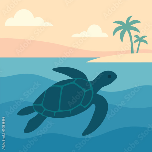 A sea turtle gracefully swims in the ocean near a tropical island with palm trees at sunset.