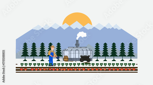 Farmer working in greenhouse on a cold day