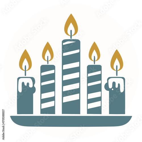 Stylized illustration of five lit candles with glowing flames on a decorative holder for festive celebration