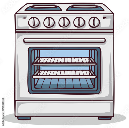 A cartoon illustration of an oven with stovetop burners and oven racks, perfect for cooking or baking needs in the kitchen.