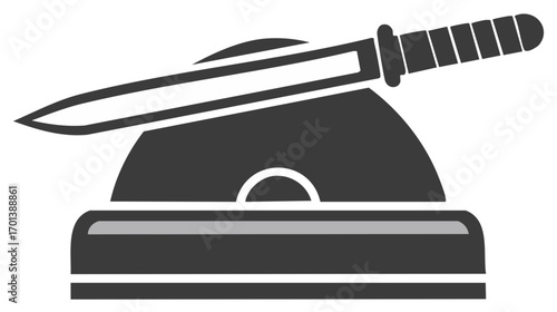 Stylized graphic of a gladius sword resting on an anvil