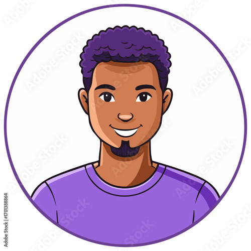 Portrait of a Smiling Young Man with Curly Purple Hair and Goatee Style Beard