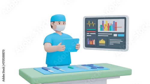 Surgeon in scrubs examining medical data on a tablet in the operating room, preparing for surgery with sterile instruments laid out on a table, conveying a sense of precision and care.
