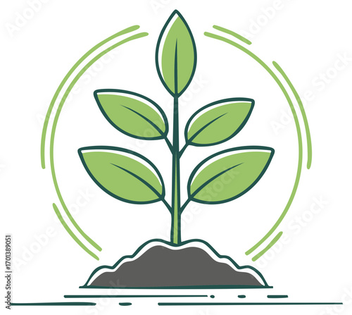 Stylized green plant growing from soil with abstract circular lines representing nature and growth