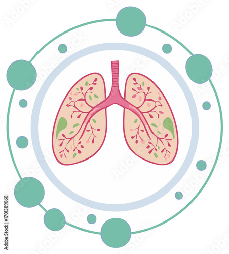 Healthy Lungs with Circulatory System and Green Dots