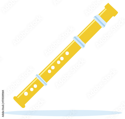 Yellow plastic recorder with white accents, musical instrument for learning, education tool for kids