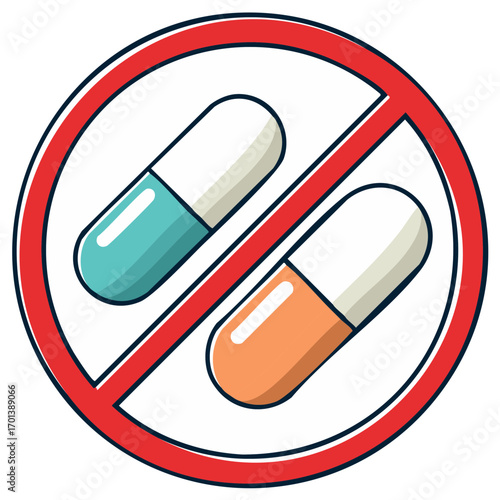 Red prohibition sign over two colorful medicine capsules illustration