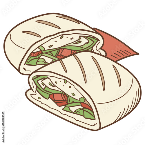 Illustration of a toasted tortilla wrap with fresh vegetable filling