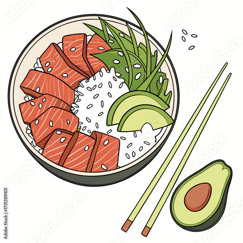 Delicious Salmon Poke Bowl with Avocado and Chopsticks