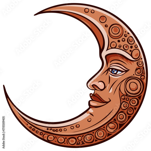 Crescent moon with a face, illustrated celestial body, crescent shape, celestial art