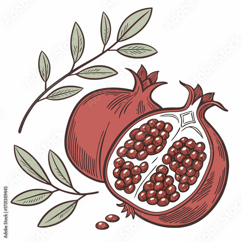 Vintage botanical sketch of a ripe pomegranate fruit and leaves
