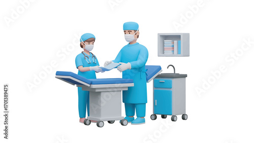 Two surgeons in sterile scrubs preparing for surgery in a modern operating room, ensuring patient safety and precision during the medical procedure.