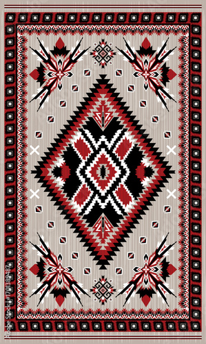 Ganado navajo rug traditional native american tribal pattern.Diamond central border fret geometric red,black,white,grey colors.Ethnic classic carpet Gando Arizona,Aztec,Southwest vector illustration.