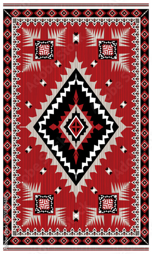 Ganado navajo rug traditional native american tribal pattern.Diamond central border fret geometric red,black,white,grey colors.Ethnic classic carpet Gando Arizona,Aztec,Southwest vector illustration.