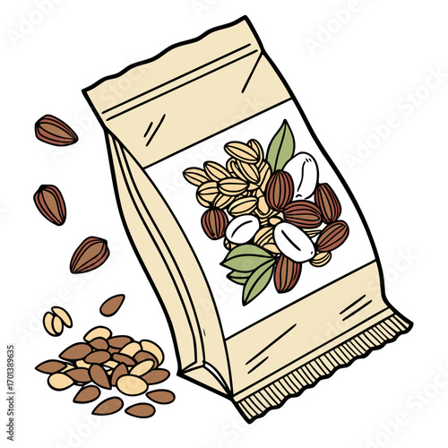 Bag of mixed nuts and seeds, healthy snack illustration