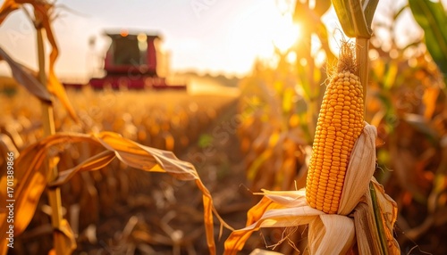 Corn harvest in field with combine harvester at sunset.