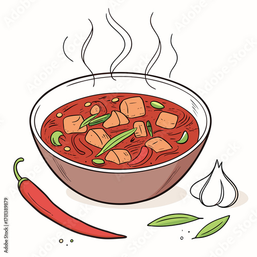 Illustration of a steaming hot bowl of spicy red chili stew