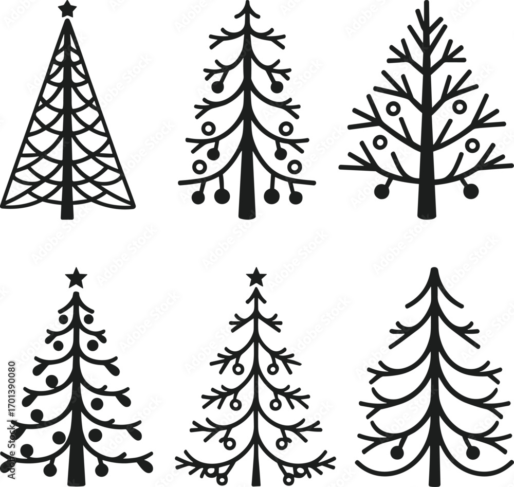 Fototapeta premium Christmas Line Art Vector Set of Decorative Trees with Stars and Ornaments