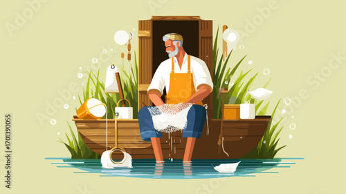 Fisherman cleaning fishing net by wooden boat