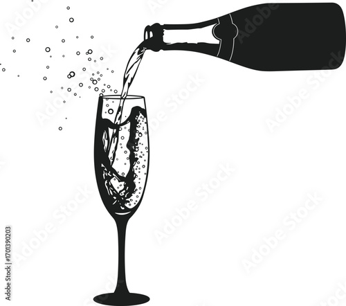 New Year Champagne Pouring Silhouette Vector - Festive Celebration Glass Illustration