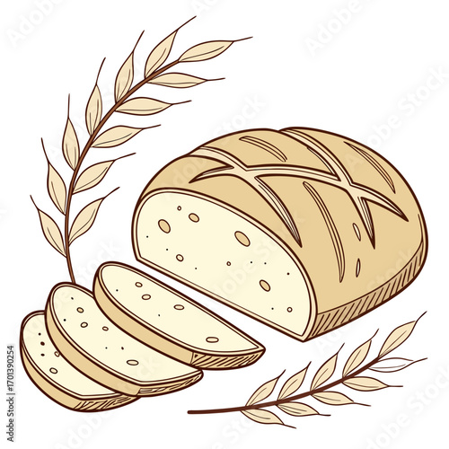 Hand-drawn illustration of a sliced loaf of bread with wheat stalks