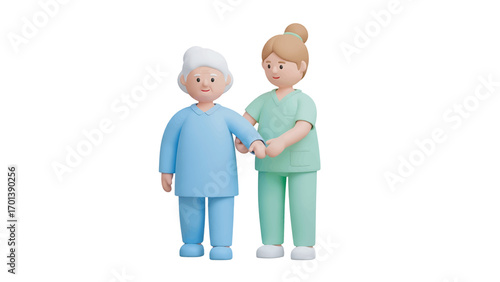 Nurse assisting elderly woman with walking in hospital hallway, providing support and care with compassion and kindness.