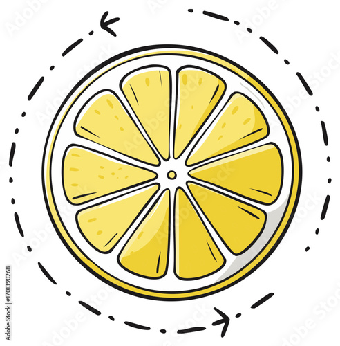 Vibrant hand drawn lemon slice with circular dashed arrow and check marks
