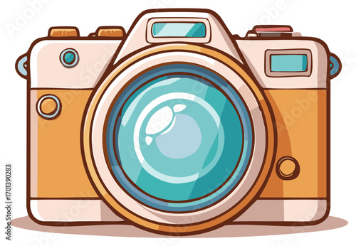 Retro photo camera illustration in a cute cartoon style with a large lens