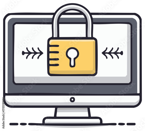 Computer monitor with lock icon, symbolizing data protection and security
