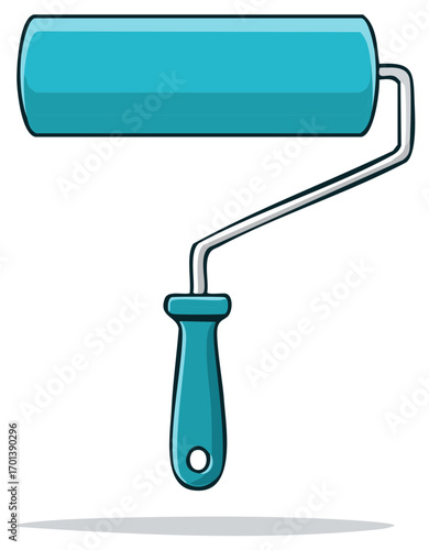 Cartoon illustration of a paint roller in shades of blue and silver.
