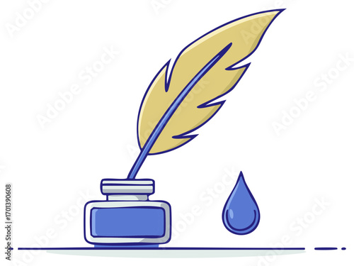 Quill pen and inkwell with ink drop for writing and calligraphy