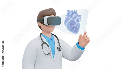 Doctor wearing VR headset examines holographic heart model in sterile lab environment, showcasing medical technology and innovation in healthcare.