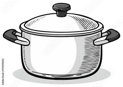 Stylized vector art of a stainless steel cooking pot, featuring a lid and handles, rendered in a cartoonish drawing style.