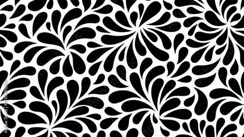 Abstract seamless pattern of black teardrop shapes radiating from a central point on a white background