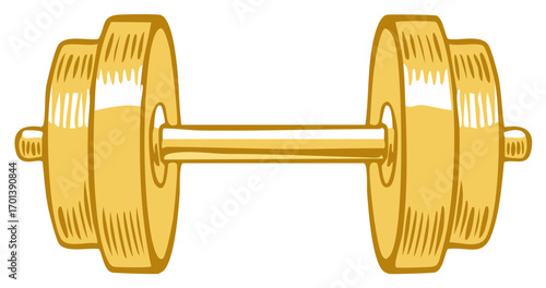 Golden dumbbell in cartoon style for gym or sport concept, muscle building and fitness, isolated equipment for weight training