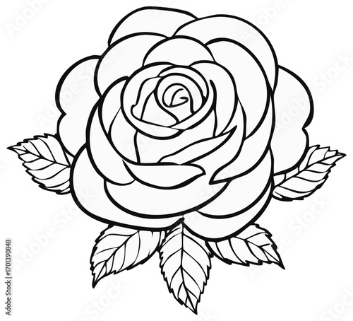 Elegant Rose Flower Outline with Leaves for Coloring or Decoration