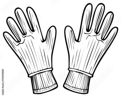 Line art illustration of gloves with a rib-knit cuff, winter apparel