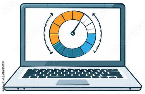 Cartoon Laptop Showing a Circular Gauge Demonstrating Progress or Performance