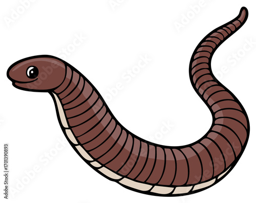 Smiling brown earthworm cartoon animal character isolated vector illustration