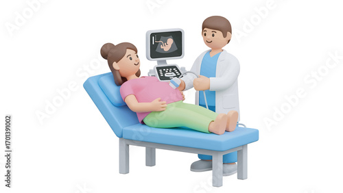Pregnant woman receiving ultrasound examination from doctor in clinic, ensuring healthy pregnancy and fetal development, showcasing modern prenatal care.